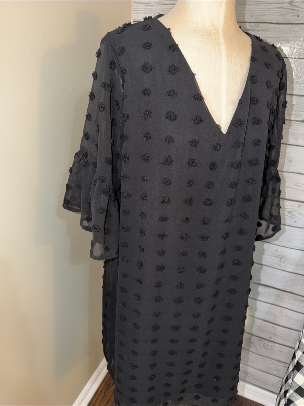 Black Textured Swiss Dot V-Neck Shift Dress